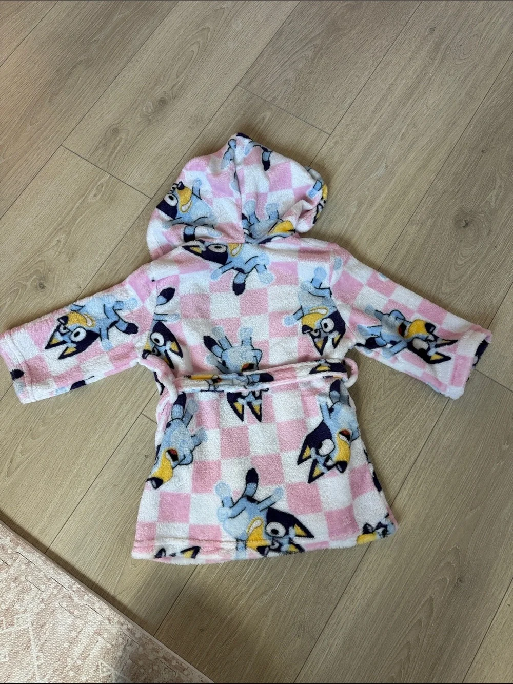 BLUET Pink, White and Blue Hooded Plush Robe with Pattern